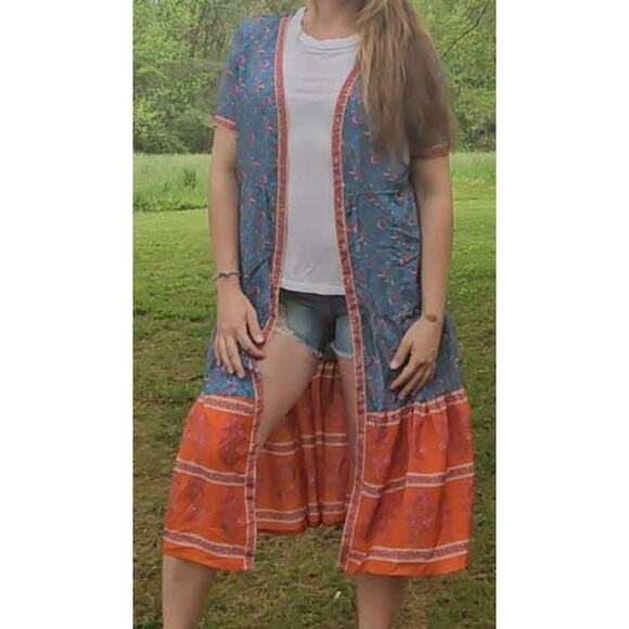 Button up lightweight tiered midi cover up dress colorblock floral multicolor - Picture 15 of 16